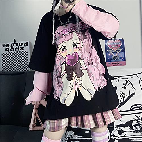 Camiseta de mujer Harajuku de dos piezas falsas con mangas largas Kawaii JK Girl Print Korean pop Streetwear casual Tops Tees