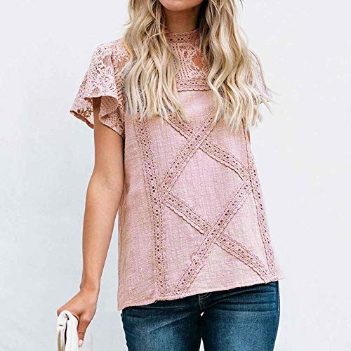 Camisetas Mujer SHOBDW Dia de la Mujer Verano Patchwork De Encaje Casual Ahuecar Volantes Manga Corta Suéter De Cuello De Tortuga Linda Blusa Floral Camiseta Blanca para Mujer (S, Rosa)