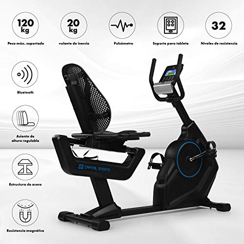 CAPITAL SPORTS Evo Deluxe - Bicicleta estatica, Bici con Sillín ajustable, Compatible con Kinomap, Bluetooth, Volante inercia 20kg, 32 resistencias, 12 programas, Pulsometro, Soporte tablet, Antracita