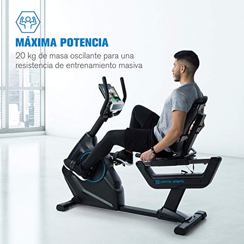 CAPITAL SPORTS Evo Deluxe - Bicicleta estatica, Bici con Sillín ajustable, Compatible con Kinomap, Bluetooth, Volante inercia 20kg, 32 resistencias, 12 programas, Pulsometro, Soporte tablet, Antracita