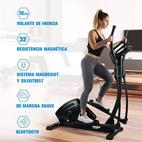 CapitalSports Helix Premium Track Bici Elíptica - Ordenador Integrado,Bluetooth, Control por App, USB, Tracción por Correa, 32 Niveles, Soporte Tablet, Negro