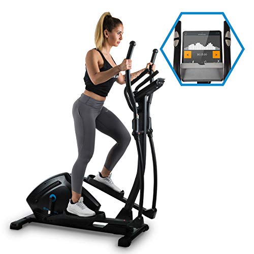 CapitalSports Helix Premium Track Bici Elíptica - Ordenador Integrado,Bluetooth, Control por App, USB, Tracción por Correa, 32 Niveles, Soporte Tablet, Negro