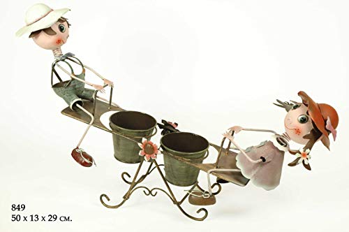CAPRILO Macetero Doble Decorativo de Metal Niños en Balancín. Adornos y Figuras. Decoración para Jardín. Regalos Originales. 50 x 13 x 29 cm. IB 2