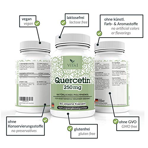 Cápsulas de Quercetina 250mg de VITA1 • 90 cápsulas (3 meses de suministro) • sin gluten, vegano, kosher y halal • Hecho en Alemania