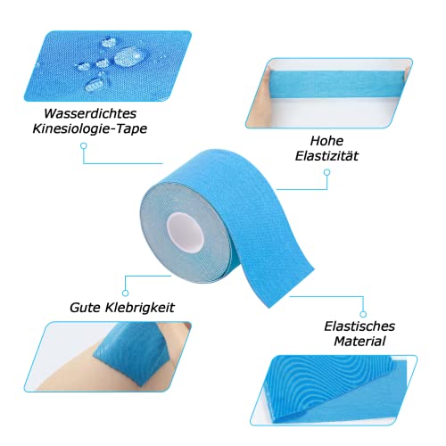 CareHabi - Cinta de kinesiología deportiva, 5 m x 5 cm, 3 rollos (1 azul, 1 rosa, 1 negro), cinta de kinesiología resistente al agua y elástica para deporte.