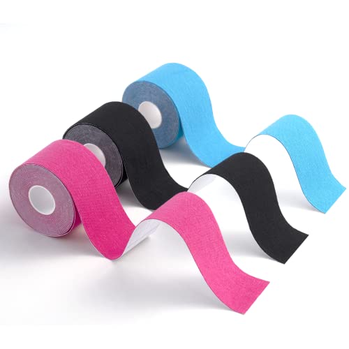 CareHabi - Cinta de kinesiología deportiva, 5 m x 5 cm, 3 rollos (1 azul, 1 rosa, 1 negro), cinta de kinesiología resistente al agua y elástica para deporte.