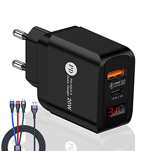 Cargador de Carga Rápida Tipo C PD 20W,USB 3.0 Adaptador de Carga Cargador Compatible para Huawei,Xiaomi,Samsung Galaxy,iPhone,iPad,LG,TCL,Vivo,OPPO（con Cable Tres en uno）