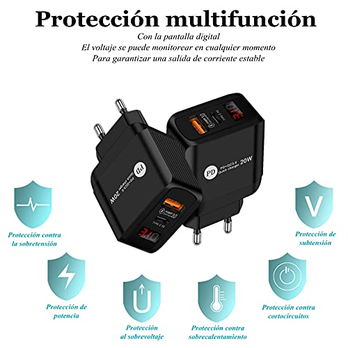 Cargador de Carga Rápida Tipo C PD 20W,USB 3.0 Adaptador de Carga Cargador Compatible para Huawei,Xiaomi,Samsung Galaxy,iPhone,iPad,LG,TCL,Vivo,OPPO（con Cable Tres en uno）