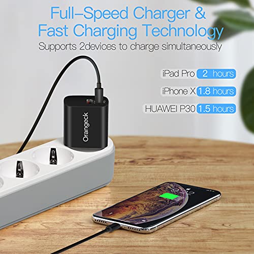 Cargador USB C, Orangeck 20W Movil Cargador USB Multiple, 2-Puerto Cargador Carga Rapida con Mini Cargador Tipo C y QC3.0 Cargador de Pared para iPhone 12 11 8 Pro MAX, iPad, Samsung, Xiaomi-Negro