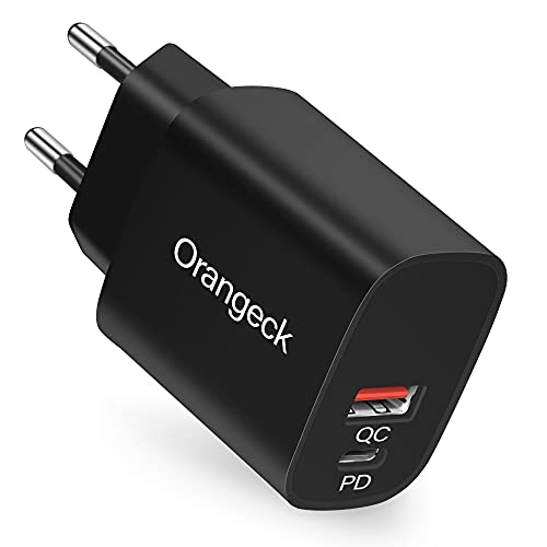 Cargador USB C, Orangeck 20W Movil Cargador USB Multiple, 2-Puerto Cargador Carga Rapida con Mini Cargador Tipo C y QC3.0 Cargador de Pared para iPhone 12 11 8 Pro MAX, iPad, Samsung, Xiaomi-Negro