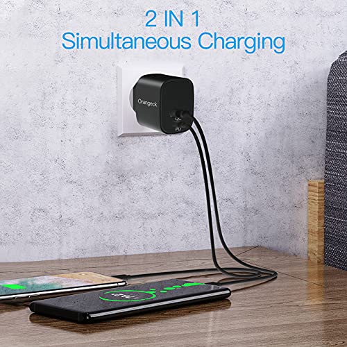 Cargador USB C, Orangeck 20W Movil Cargador USB Multiple, 2-Puerto Cargador Carga Rapida con Mini Cargador Tipo C y QC3.0 Cargador de Pared para iPhone 12 11 8 Pro MAX, iPad, Samsung, Xiaomi-Negro