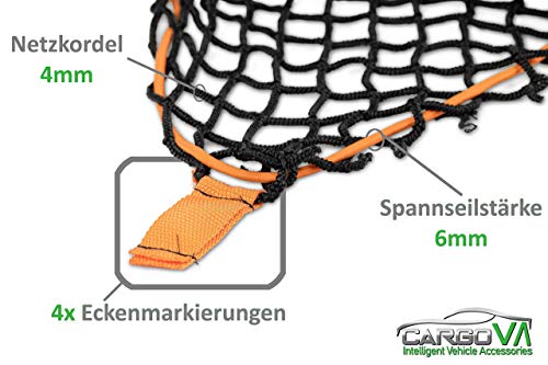 CargoVA® Red de remolque inteligente extensible de 1 x 2 hasta 2 x 3 m, red elástica negra con cuerda de goma y marcadores de esquinas, para asegurar la carga perfecta