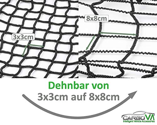 CargoVA® Red de remolque inteligente extensible de 1 x 2 hasta 2 x 3 m, red elástica negra con cuerda de goma y marcadores de esquinas, para asegurar la carga perfecta