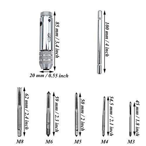Carraca Llave de Grifo, Llave Ajustable Trinquete, Llave Trinquete para Grifos, Mango en T Trinquete, Ajustable Tipo T Screw Tap Set con 5 Piezas M3 M4 M5 M6 M8 3 mm-8 mm Rosca Tornillo Máquina