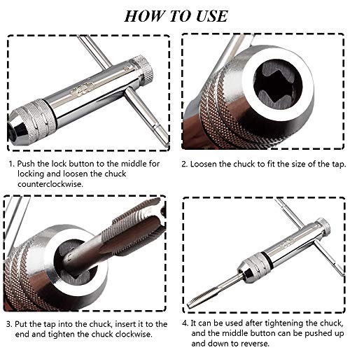 Carraca Llave de Grifo, Llave Ajustable Trinquete, Llave Trinquete para Grifos, Mango en T Trinquete, Ajustable Tipo T Screw Tap Set con 5 Piezas M3 M4 M5 M6 M8 3 mm-8 mm Rosca Tornillo Máquina