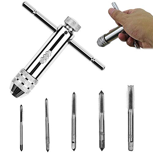 Carraca Llave de Grifo, Llave Ajustable Trinquete, Llave Trinquete para Grifos, Mango en T Trinquete, Ajustable Tipo T Screw Tap Set con 5 Piezas M3 M4 M5 M6 M8 3 mm-8 mm Rosca Tornillo Máquina