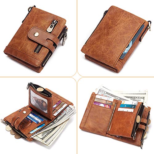 Cartera Hombre Monedero de Cuero con RFID Bloqueo Billetera Piel Hombre y Monedero con Cremallera, Billeteras Bifold Hombres 16 Ranuras para Tarjetas Carteras para Hombre con Cadena (Marrón Claro)