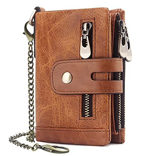 Cartera Hombre Monedero de Cuero con RFID Bloqueo Billetera Piel Hombre y Monedero con Cremallera, Billeteras Bifold Hombres 16 Ranuras para Tarjetas Carteras para Hombre con Cadena (Marrón Claro)