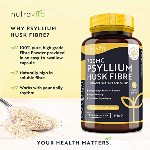 Cáscara de Psyllium 700mg - 180 Cápsulas Veganas – 1200mg Psyllium Husk por Ración - Fibra de Cáscara de psyllium elaborado con Semillas de Plantago Ovata 100% Puras - Elaborado por Nutravita