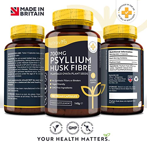 Cáscara de Psyllium 700mg - 180 Cápsulas Veganas – 1200mg Psyllium Husk por Ración - Fibra de Cáscara de psyllium elaborado con Semillas de Plantago Ovata 100% Puras - Elaborado por Nutravita