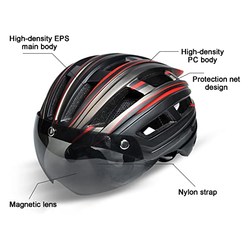 Casco De Bicicleta Con Luz De Cola De Advertencia. cascos Para Bicicletas Para Adultos De Una Pieza casco De Ciclo De Carretera De Montaña allround Cycling Helmets Con Gafas Magnét(Color:Gris Titanio)