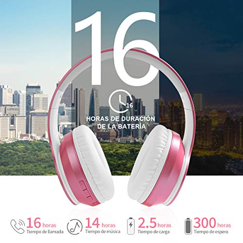 Cascos Inalambricos Bluetooth, Auriculares Diadema Estéreo Inalámbricos Plegables, Micrófono Incorporado, Cascos Bluetooth Inalámbrico y Audio Cable para PC/ MP3/Móviles/TV(Rosa)