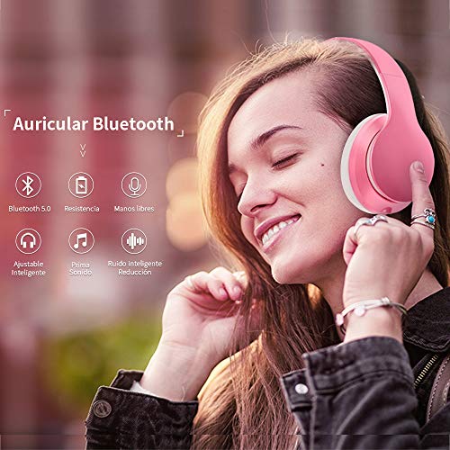 Cascos Inalambricos Bluetooth, Auriculares Diadema Estéreo Inalámbricos Plegables, Micrófono Incorporado, Cascos Bluetooth Inalámbrico y Audio Cable para PC/ MP3/Móviles/TV(Rosa)