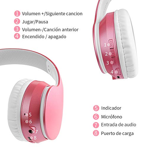 Cascos Inalambricos Bluetooth, Auriculares Diadema Estéreo Inalámbricos Plegables, Micrófono Incorporado, Cascos Bluetooth Inalámbrico y Audio Cable para PC/ MP3/Móviles/TV(Rosa)