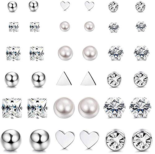 CASSIECA 18 Pares Acero Inoxidablede Pequeño Pendientes Studs Set para Mujer Niñas Pendientes Corazon Bolas Triangulo Pendientes Circonita Piercing Arete