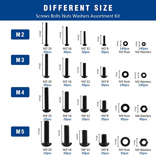 CCKOLE Juego de tornillos y tuercas, juegos de tuercas y pernos M2 M3 M4 M5, enchufe hexagonal Arandelas de tornillo de cabeza de botón Kit surtido negro con caja de almacenamiento (1225 piezas)