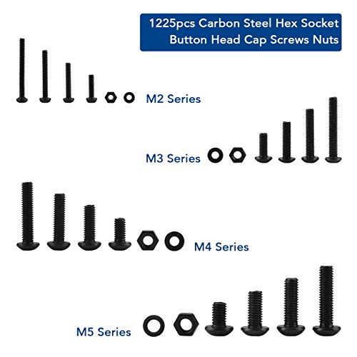 CCKOLE Juego de tornillos y tuercas, juegos de tuercas y pernos M2 M3 M4 M5, enchufe hexagonal Arandelas de tornillo de cabeza de botón Kit surtido negro con caja de almacenamiento (1225 piezas)