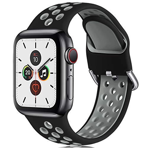 CeMiKa Correa Compatible con Apple Watch Correa 38mm 40mm 41mm 42mm 44mm 45mm, Silicona Deporte Correa con Compatible con iWatch Series 7 6 5 4 3 2 1 SE, 42mm/44mm/45mm-S/M, Negro/Gris