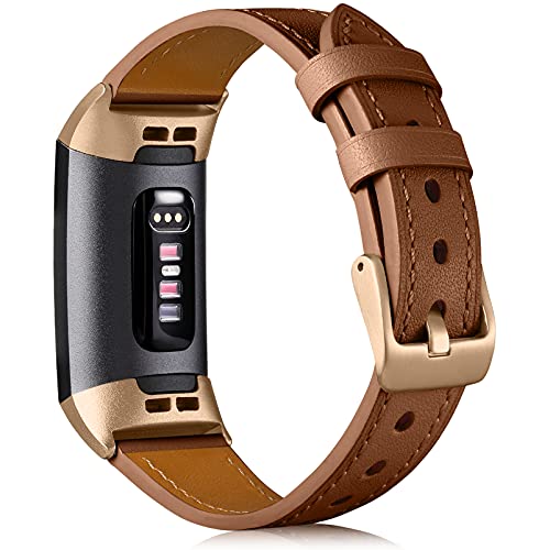 CeMiKa Correa Compatible con Fitbit Charge 4 Correa/Fitbit Charge 3 Correa, Correa de Cuero Genuino Reemplazo de Pulsera para Charge 3/Charge 4 Tracker, Marrón