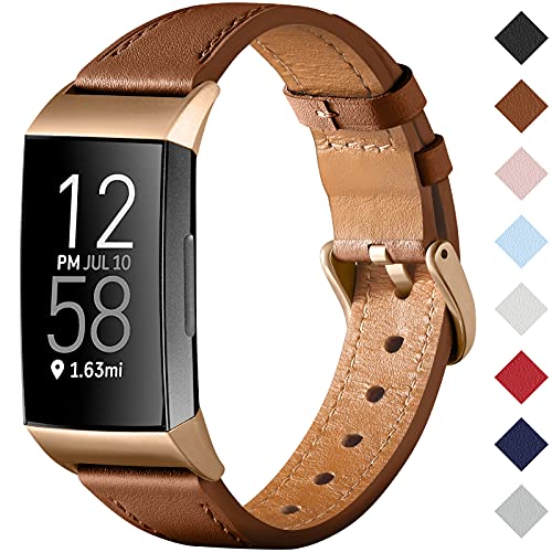 CeMiKa Correa Compatible con Fitbit Charge 4 Correa/Fitbit Charge 3 Correa, Correa de Cuero Genuino Reemplazo de Pulsera para Charge 3/Charge 4 Tracker, Marrón