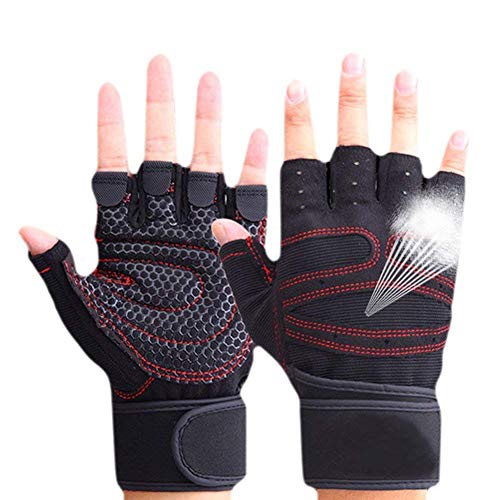 CESHMD Sport Gym Guantes Mitad Dedos Levantamiento Breathable Fitness – Pesas Guantes Hombres Mujeres Gym Guantes (Negro, L)