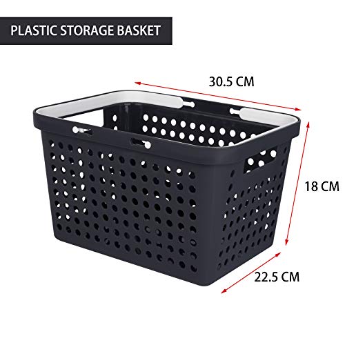 Cesta de almacenamiento con asas, pequeña cesta de plástico para el baño, la cocina, 30,5 x 22,5 x 18 cm, color negro