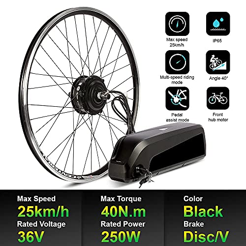 CH-LYD Kit de conversión de Bicicleta eléctrica de 26 Pulgadas, Motor Delantero de 36V 250W con batería Hailong de 36V15.6Ah, para Freno de Disco/v de Rueda Delantera, con Controlador i