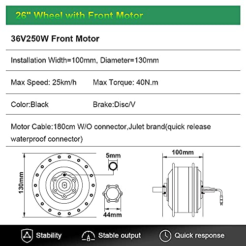 CH-LYD Kit de conversión de Bicicleta eléctrica de 26 Pulgadas, Motor Delantero de 36V 250W con batería Hailong de 36V15.6Ah, para Freno de Disco/v de Rueda Delantera, con Controlador i