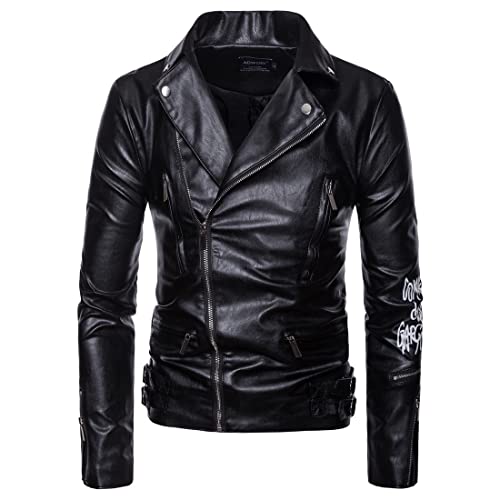 Chaqueta Hombre Otoño Invierno Personalidad Empalme Cuero Imitación Hombre Manga Larga Urbana Fresco Estilo Punk Solapa con Cinturón Hombre Cuero Chaqueta Prueba Viento Impermeable Juvenil Abrigo
