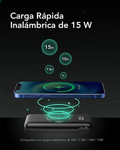 Charmast Batería Externa Inalámbrica 20000mAh Power Bank Wireless 22.5w Cargador Carga Rápida 20W PD 3.0 USB C 2 Entradas y 4 Salidas Compatible con iPhone 13/12/11/X/XS/XR Samsung Más