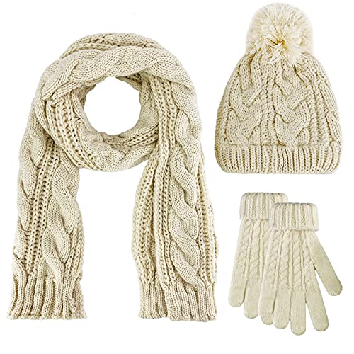 CheChury Conjunto de Bufanda Gorro de Punto y Guantes Mujer Invierno Beanie Con pompón Cozy Grande Bufanda Sombrero Guantes de pantalla táctil Moda Suave y Cálida Caliente Guantes Invierno Regalos