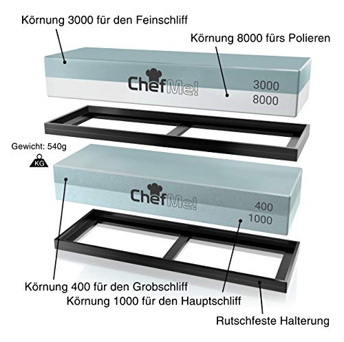 ChefMe! Piedra de Afilar (Set Grano 400/1000/3000/8000) | Piedra para Amolar Cuchillos con Soporte de Silicona Antideslizante e Instrucciones