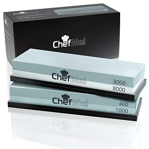 ChefMe! Piedra de Afilar (Set Grano 400/1000/3000/8000) | Piedra para Amolar Cuchillos con Soporte de Silicona Antideslizante e Instrucciones