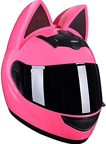 Chica Mujeres Motocicleta Casco Adulto Personalizado Cat Helmet Dot Certified Face Motorbike Casco Casco de cuatro temporadas Cascos de temporada con visera para la calle Bike Racing Motocross Pink XL