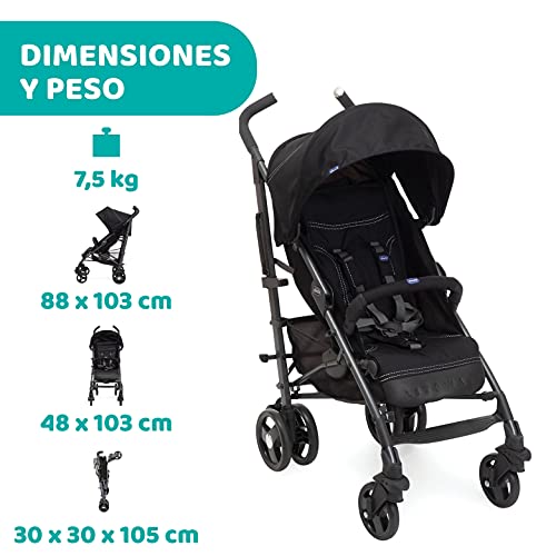 Chicco Liteway 3 Silla Paseo Ligera y Plegable desde 0 Meses hasta 22 Kg, Carrito de Bebé Compacto y Reclinable, Posición para Dormir, Cierre Tipo Paraguas y Capota Convertible, Negro (Jet Black)