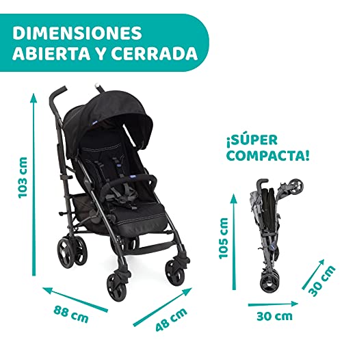 Chicco Liteway 3 Silla Paseo Ligera y Plegable desde 0 Meses hasta 22 Kg, Carrito de Bebé Compacto y Reclinable, Posición para Dormir, Cierre Tipo Paraguas y Capota Convertible, Negro (Jet Black)