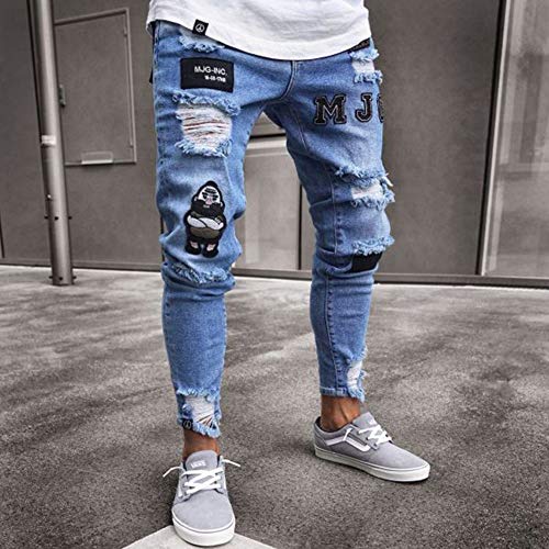 Chickwin Pantalones Vaqueros Hombre Rotos, Skinny Slim Fit Insignia Largos de Mezclilla de Cintura Baja de Pitillo Deportivos Elástico Cremallera Rota Jeans De Bolsillo (M, Azul Claro)