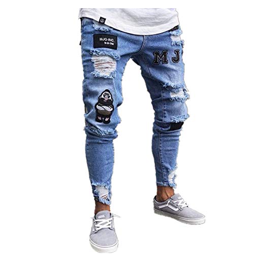 Chickwin Pantalones Vaqueros Hombre Rotos, Skinny Slim Fit Insignia Largos de Mezclilla de Cintura Baja de Pitillo Deportivos Elástico Cremallera Rota Jeans De Bolsillo (M, Azul Claro)