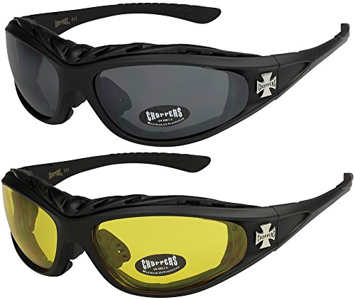 Choppers - Pack de 2 gafas de sol con acolchado acolchadas unisex hombre mujer moto bici nocturnas - 1x Modelo 01 (negro / negro tintado) y 1x Modelo 03 (negro / amarillo tintado) - Modelo 01 + 03 -