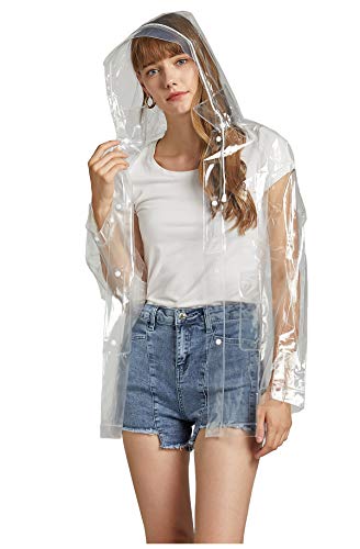 Chubasquero transparente EVA impermeable para mujer con capucha desmontable, transparente, L